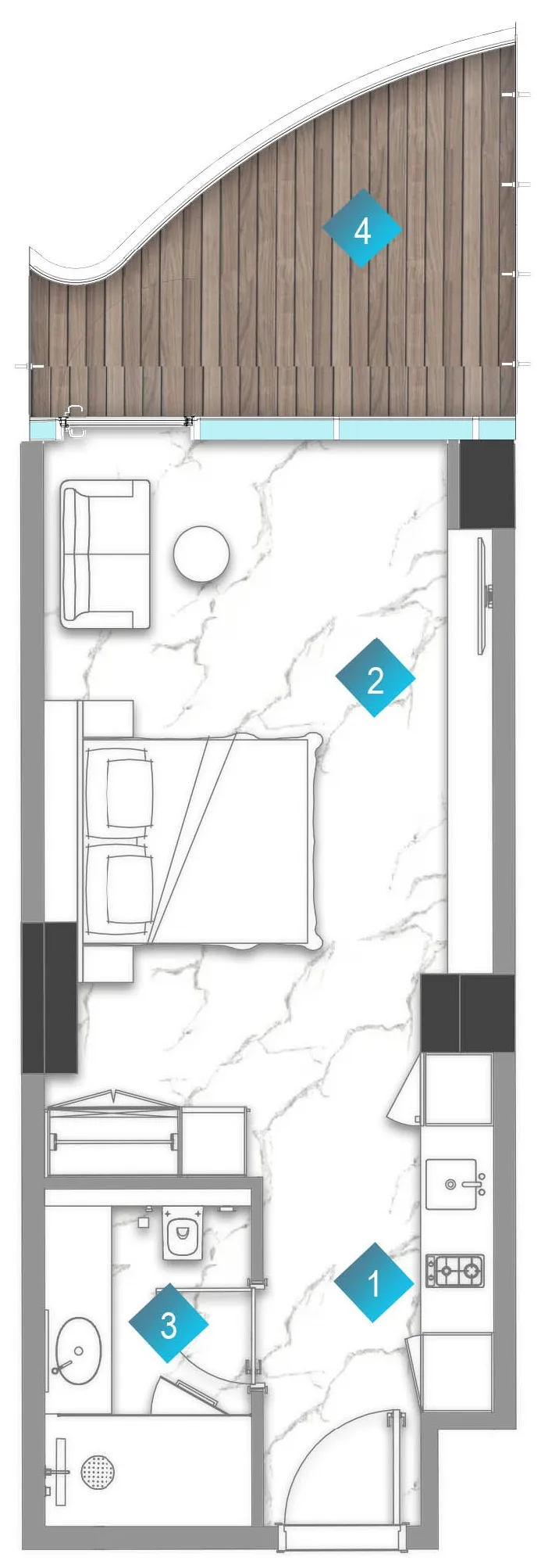 Aqua Arc Studio floor plan, 535 sqft