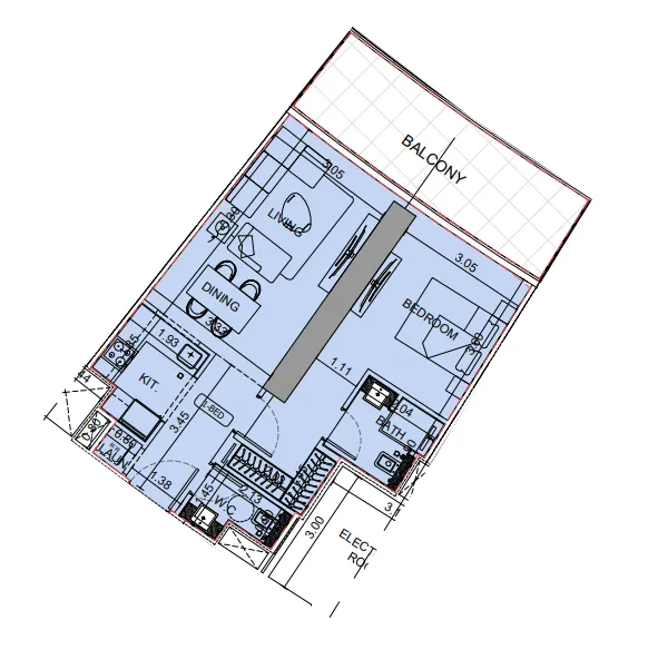 Binghatti Aquarise 1 bed floor plan, 785 sqft