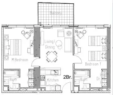Aykon City Tower 2 bed floor plan, 1,077 sqft