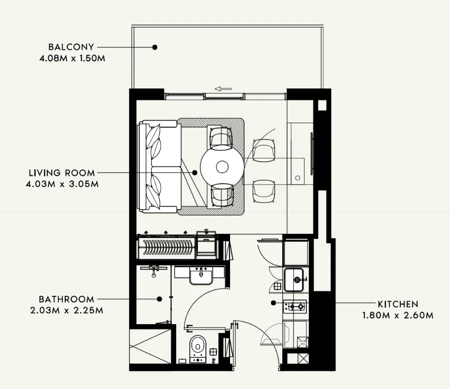 Beach Oasis 1 and 2 1 bed floor plan, 680 sqft
