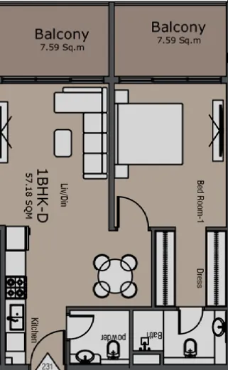 Golden Woods Albab Views 1 bed floor plan, 782 sqft