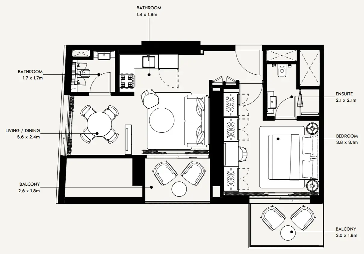 Azizi Noura 1 bed floor plan, 665 sqft