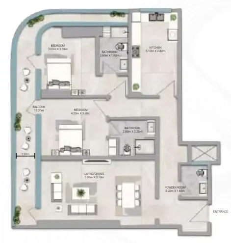 Amwaj Tower 2 bed floor plan, 2,003 sqft