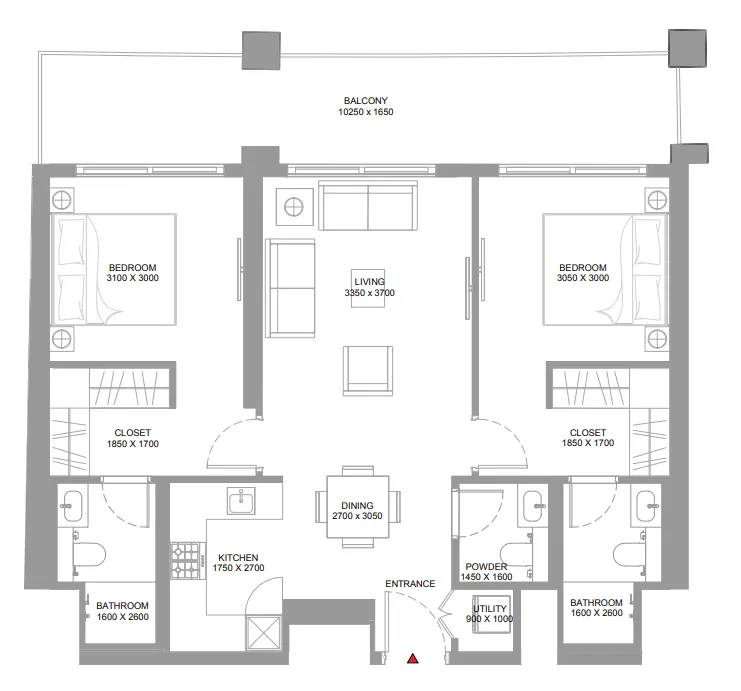 Bayside Marina Residences 2 bed floor plan, 1,060 – 1,077 sqft