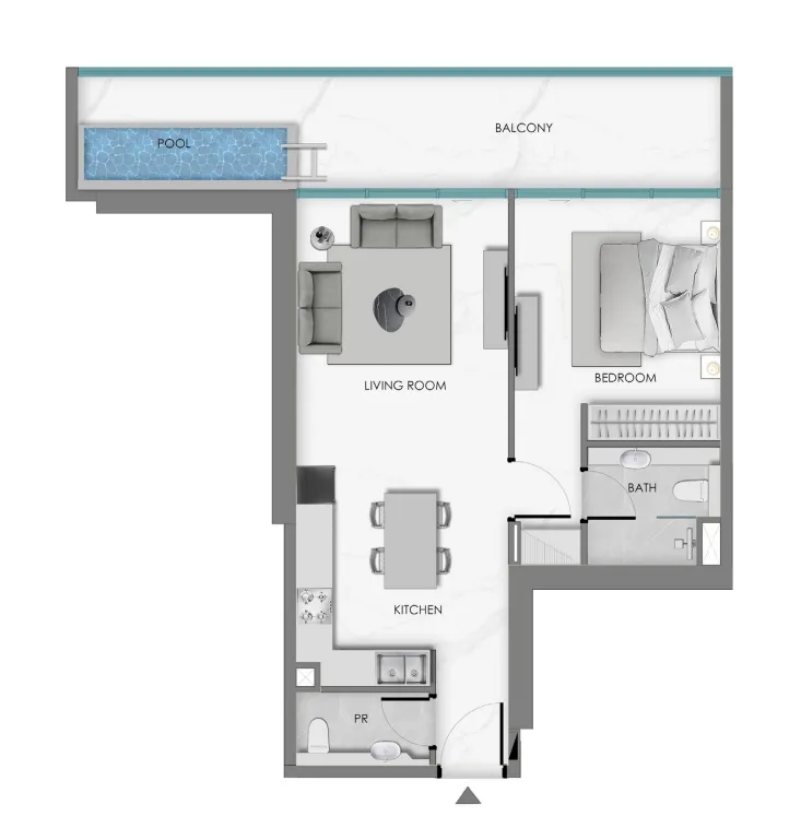 Ocean Crest 1 bed floor plan, 849 sqft