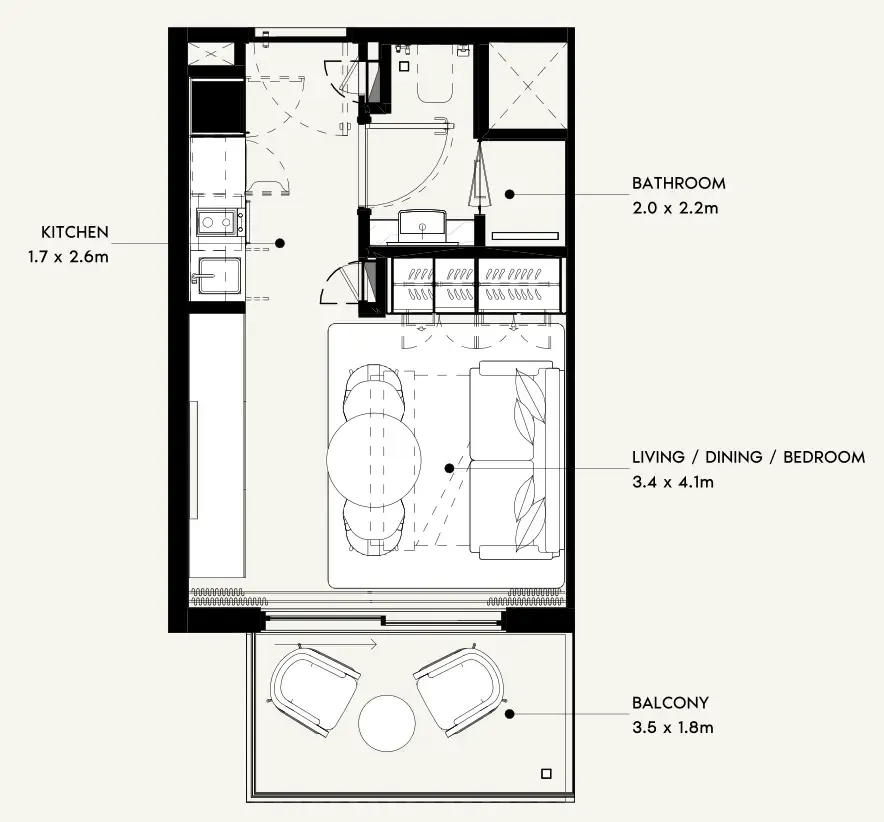 Azizi Noura Studio floor plan, 340 sqft