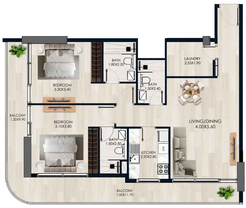 Verde by Vision 2 bed floor plan, 1,265 sqft
