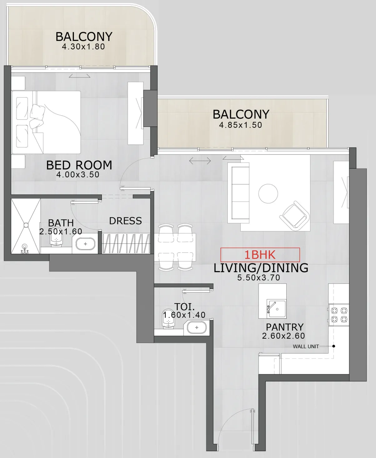 Floarea Skies 1 bed floor plan, 838 sqft
