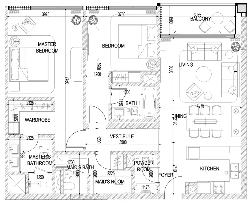 Naseem Al Jurf 2 bed floor plan, 1,281 sqft