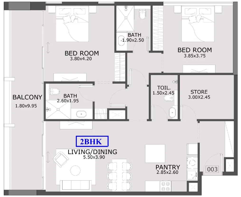 Azra Residence 2 bed floor plan, 1,361 sqft