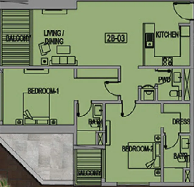 Jade Tower 2 bed floor plan, 1,262 sqft
