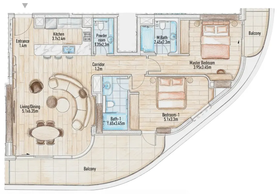Flow 25 2 bed floor plan, 1,303 – 1,367 sqft