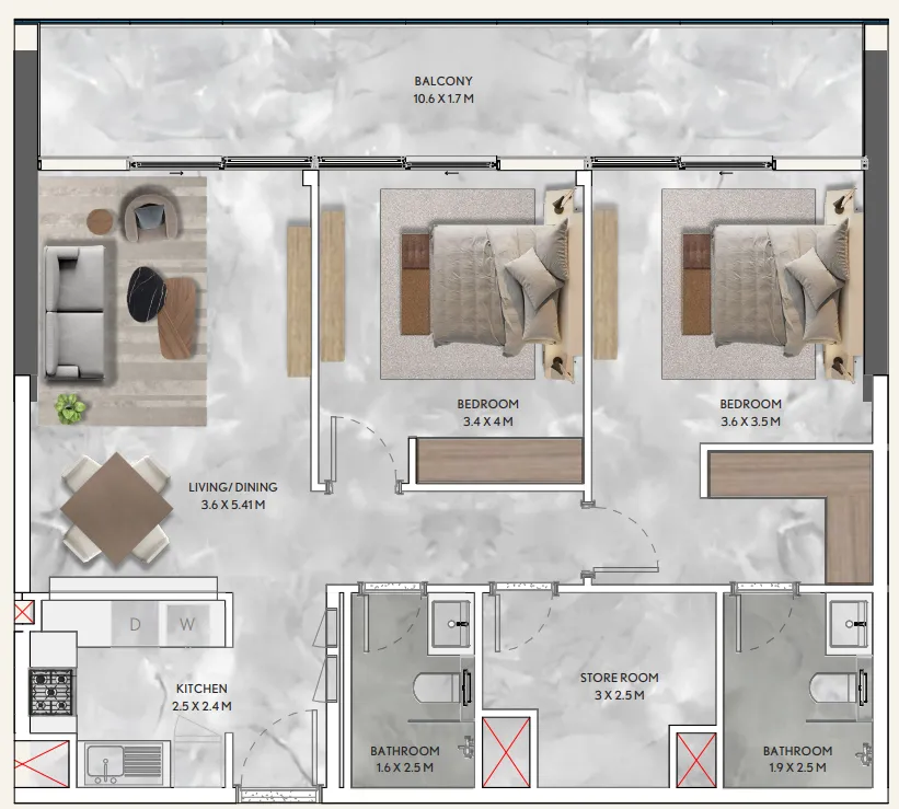 California Residences 2 bed floor plan, 1,154 – 1,196 sqft