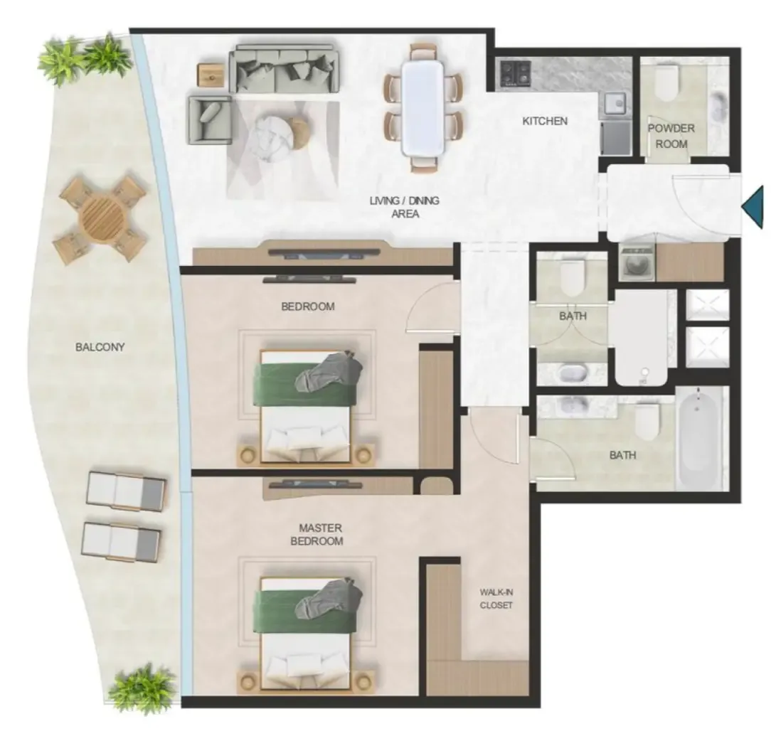 Oystra 2 bed floor plan, 1,250 sqft