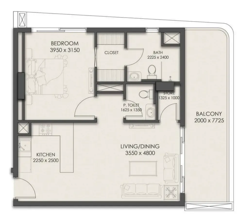 Park Residency 1 bed floor plan, 786 sqft