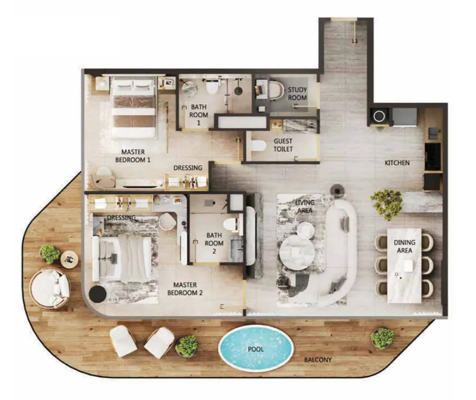 Arya Residences 2 bed floor plan, 1,413 sqft