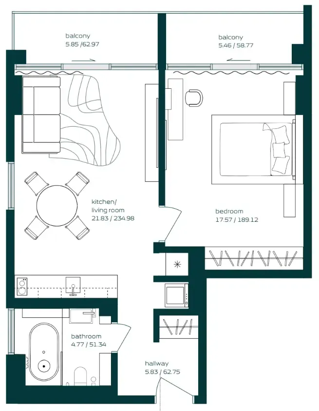 Vibe 1 bed floor plan, 732 sqft