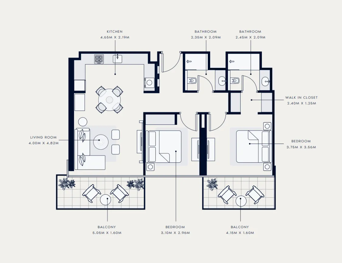 Azizi Venice 2 bed floor plan, 1,068 sqft