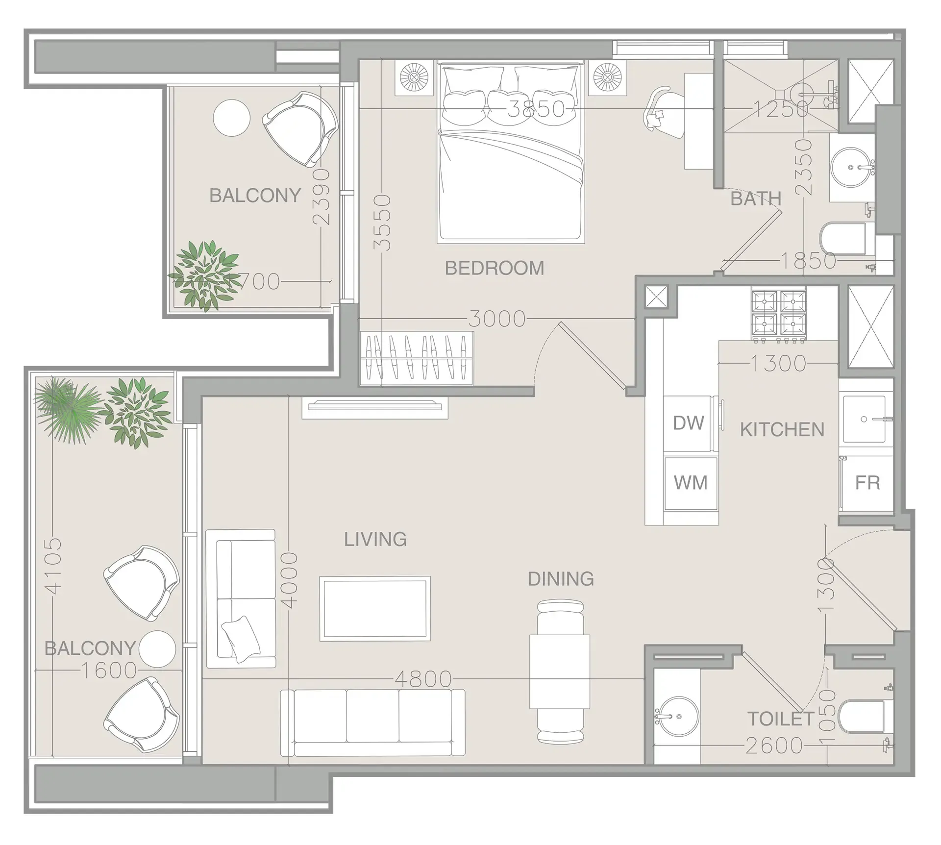 ELAR1S Rise 1 bed floor plan, 712 sqft