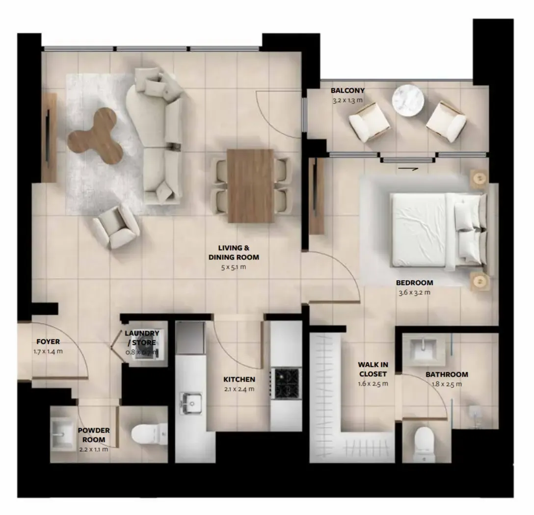 Waada Dubai South 1 bed floor plan, 749 sqft