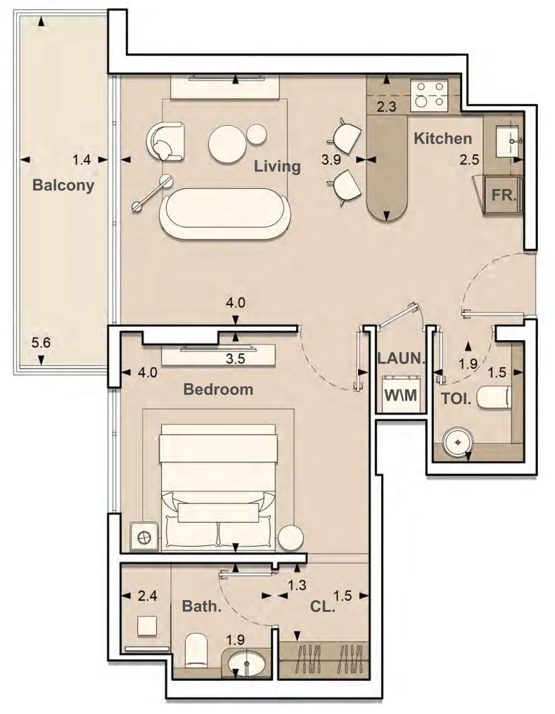 Lume Residences 1 bed floor plan, 685 sqft