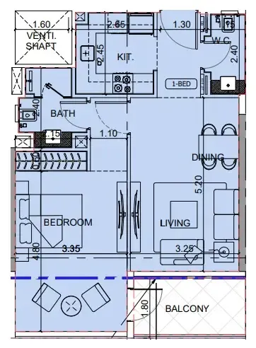 Binghatti Cullinan 1 bed floor plan, 702 sqft