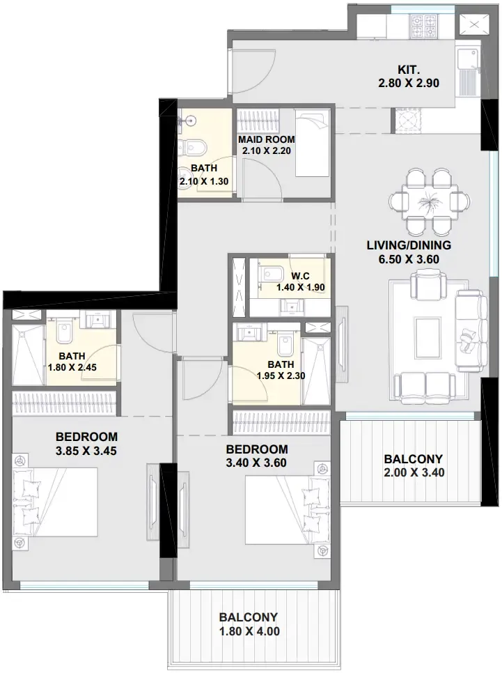 Ayaan Heights 1 2 bed floor plan, 1,297 sqft