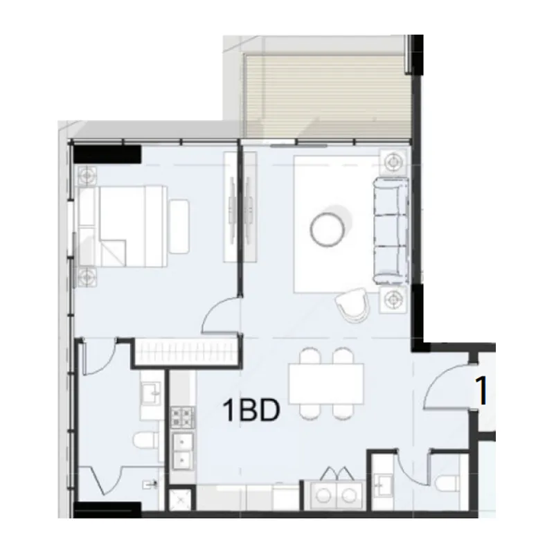 Cove Boulevard 1 bed floor plan, 827 sqft
