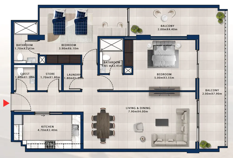 Asayel Avenue 2 bed floor plan, 1,598 sqft