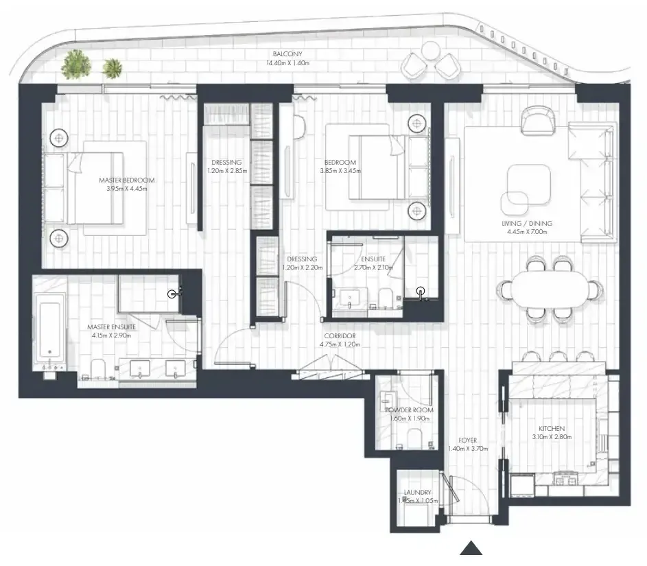 Sunstone 2 bed floor plan, 1,539 sqft
