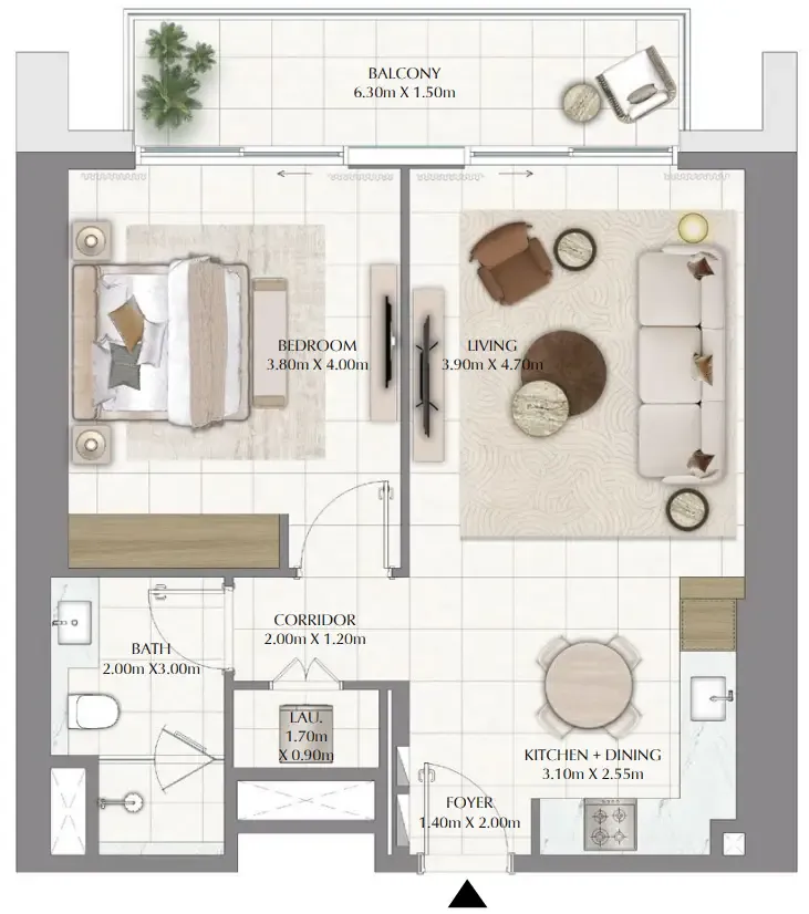 Valia 1 bed floor plan, 817 sqft