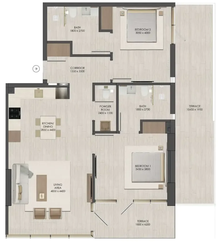 JAD 288 2 bed floor plan, 1,296 sqft