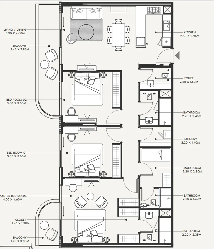 Azizi Amir 3 bed floor plan, 1,637 sqft