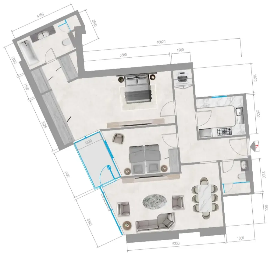 Orchid Towers Phase 1 2 bed floor plan, 1,206 sqft