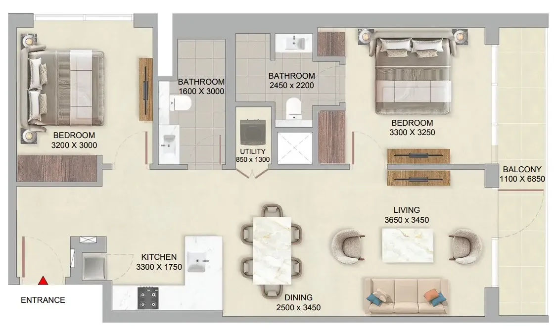 The Woods at Sobha Sanctuary 2 bed floor plan, 961 sqft