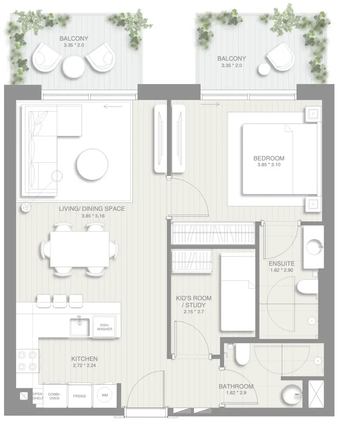 Sol Levante 1 bed floor plan, 843 sqft