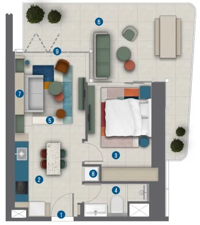 Rove Home Marasi Drive 1 bed floor plan, 770 sqft