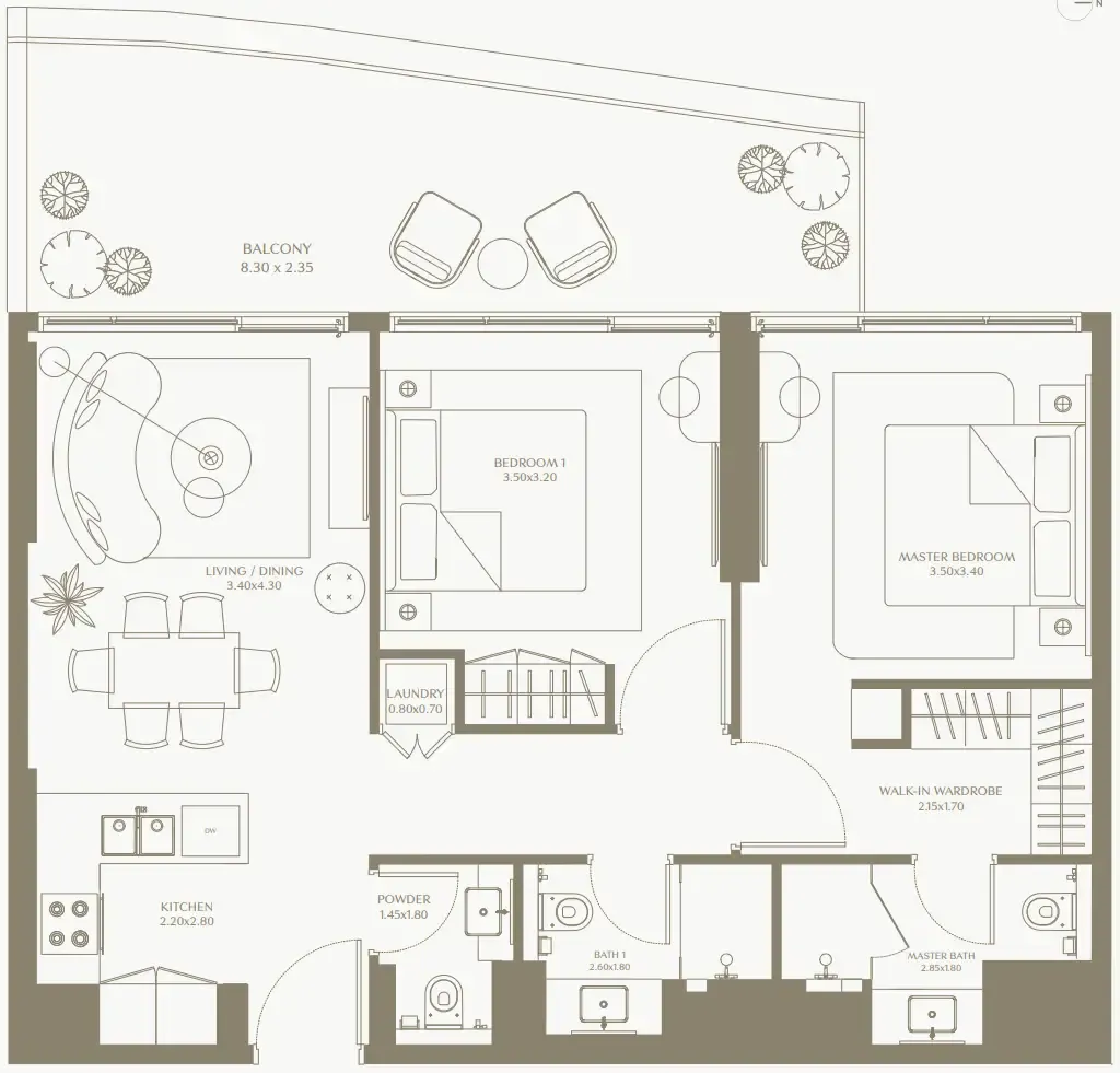 AYA Beachfront Residences 2 bed floor plan, 1,014 – 1,071 sqft