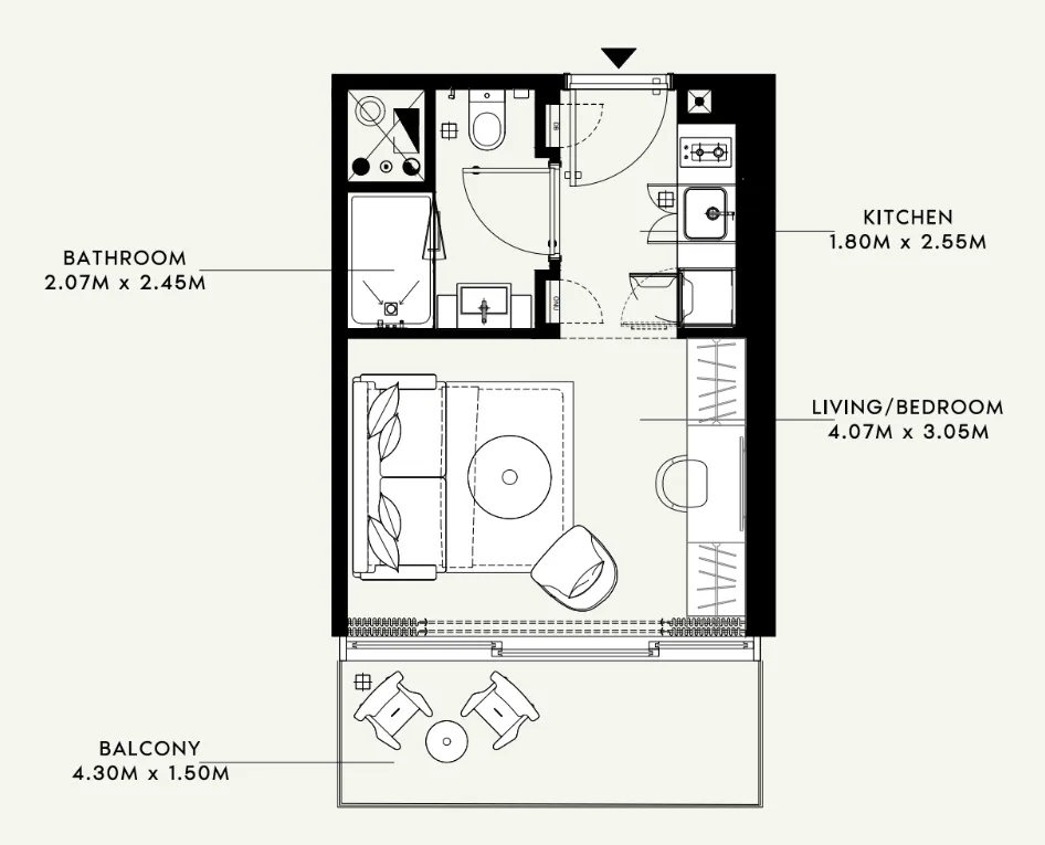 Azizi Raffi 1 bed floor plan, 777 sqft