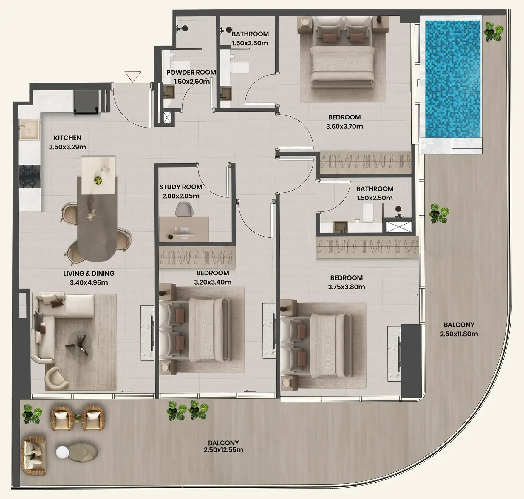 Divine Al Barari 3 bed floor plan, 1,718 sqft