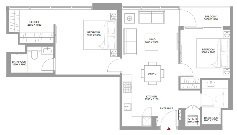 Pristine Beach Residences 2 bed floor plan, 842 sqft