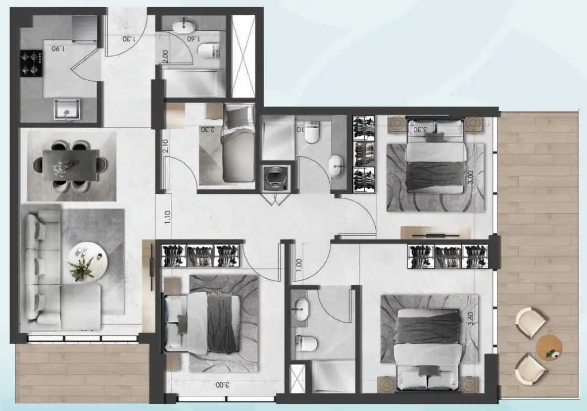 Saray South Residences 3 bed floor plan, 1,162 sqft