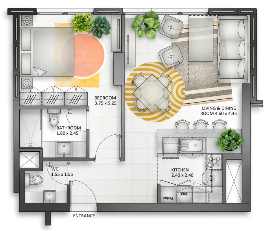 Al Mamsha Sharjah 1 bed floor plan, 1,060 sqft