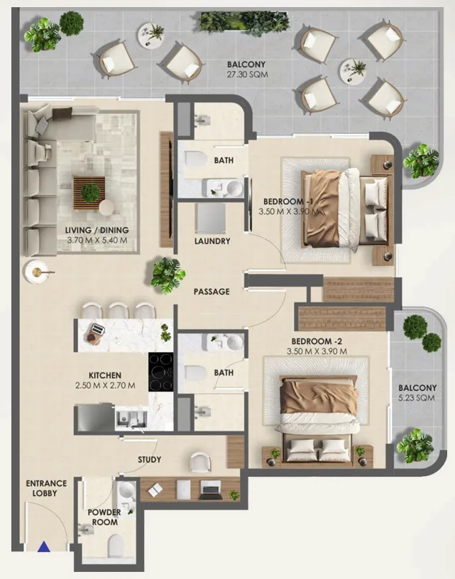 Vivida Residences 2 bed floor plan, 1,283 sqft