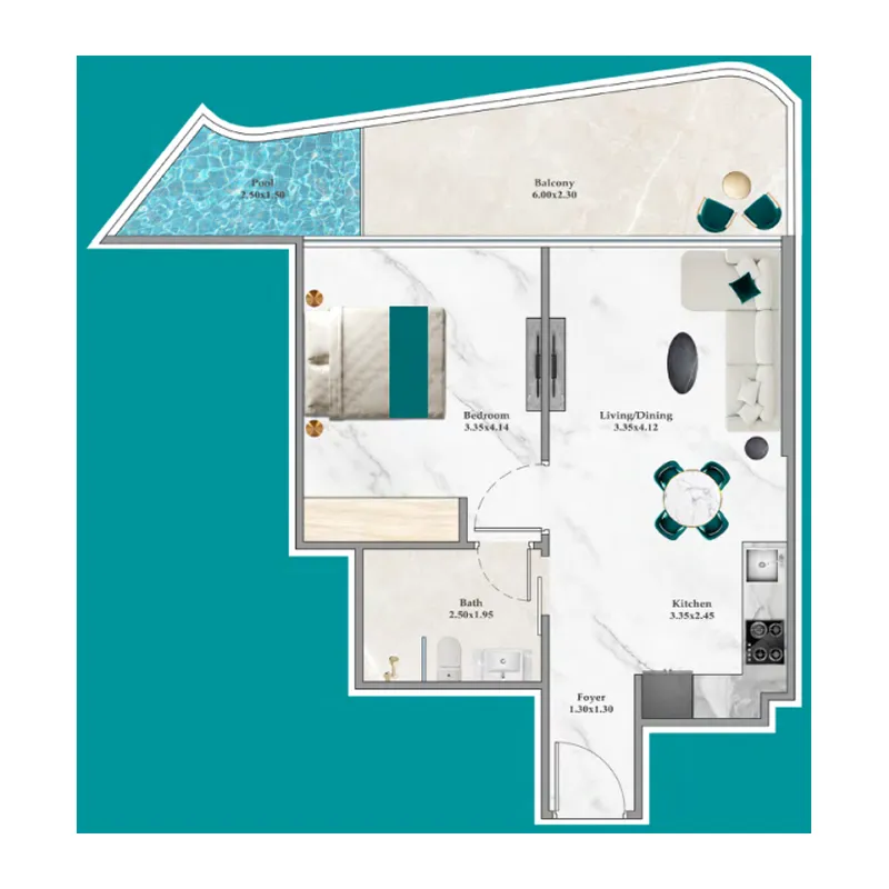 Breez 1 bed floor plan, 623 – 764 sqft