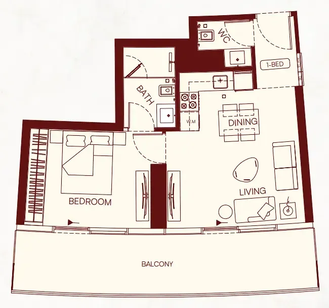 Binghatti Skyflame 1 bed floor plan, 721 – 740 sqft