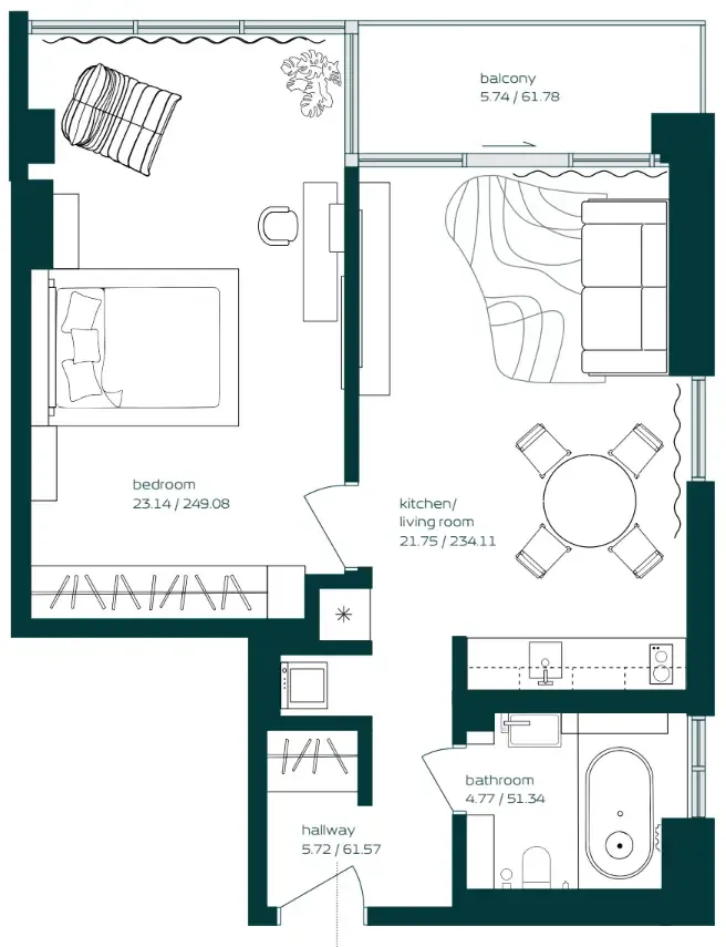 Vibe 1 bed floor plan, 731 sqft