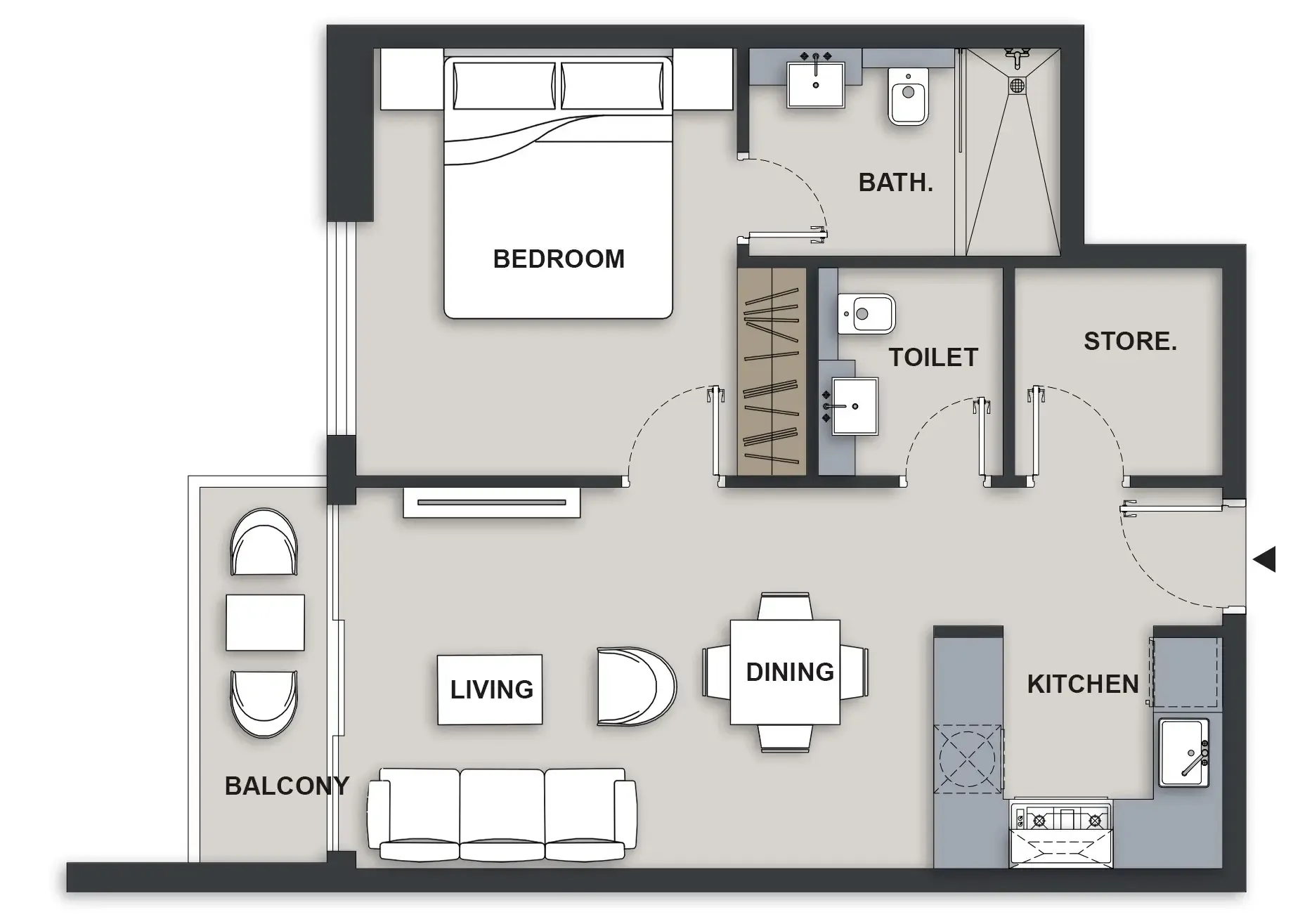 Maison Elysee III 1 bed floor plan, 630 sqft