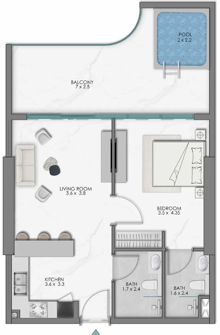 Samana Sky Views 1 bed floor plan, 810 sqft