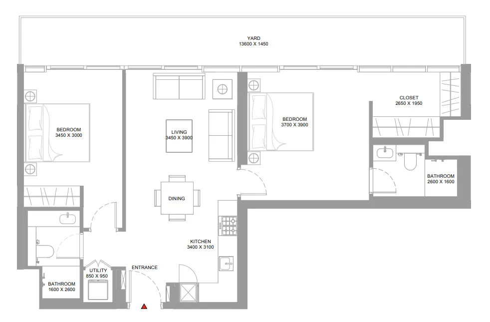 Bayside Marina Residences 2 bed floor plan, 1,071 sqft